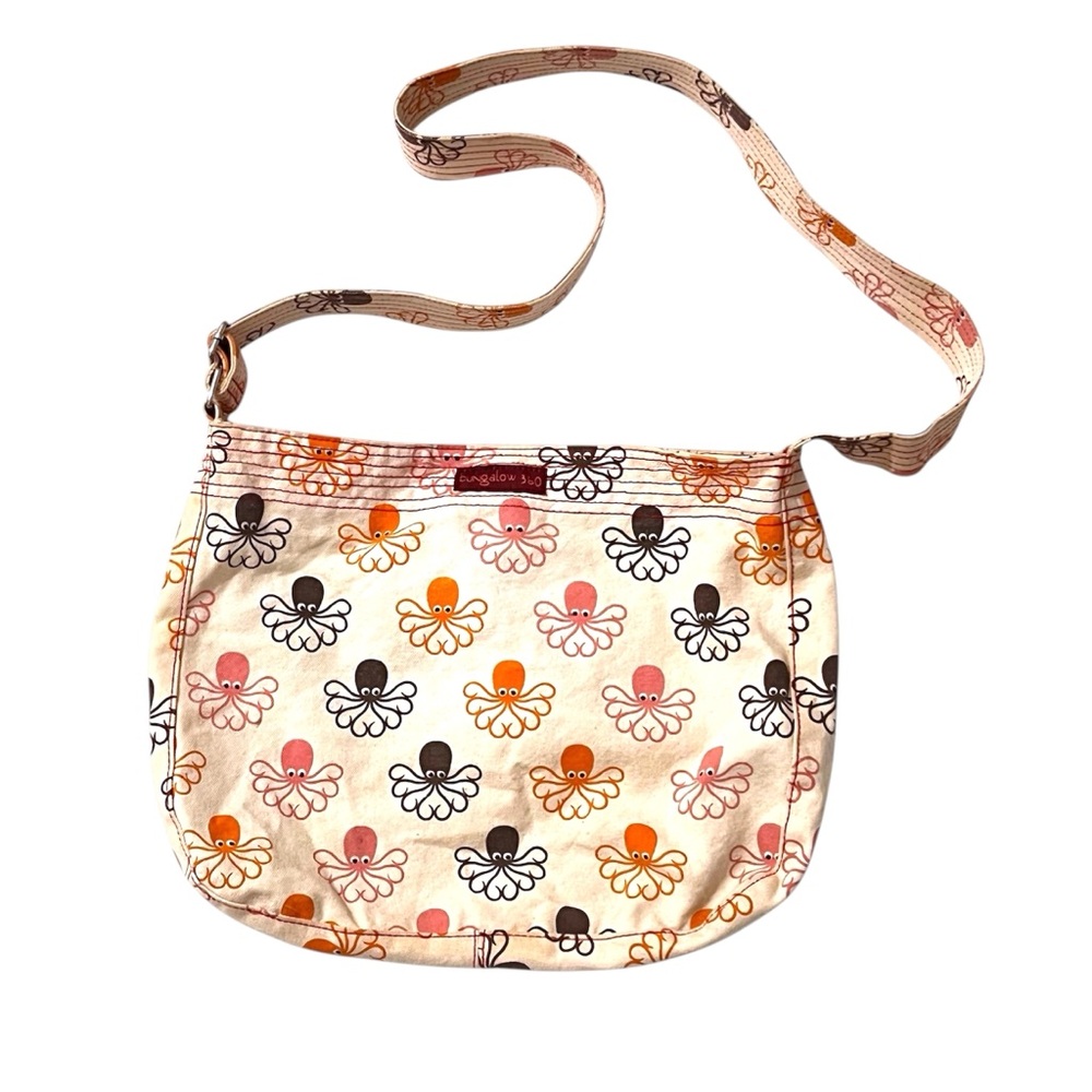 Bungalow 360 Octopus Print Canvas Crossbody Bag Adjustable Strap CreamPinkOrange